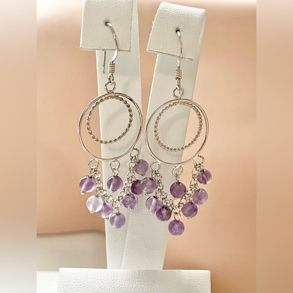 Sterling Silver 925 Purple Dangle Earrings Boho Style